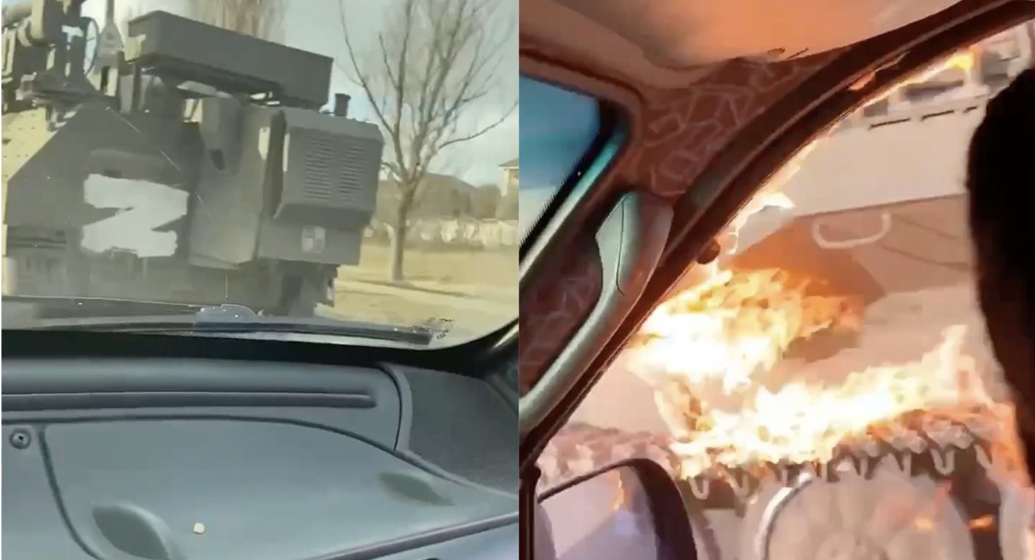 Oekraïeners gooien vanuit rijdende auto molotovcocktails op Russische tanks